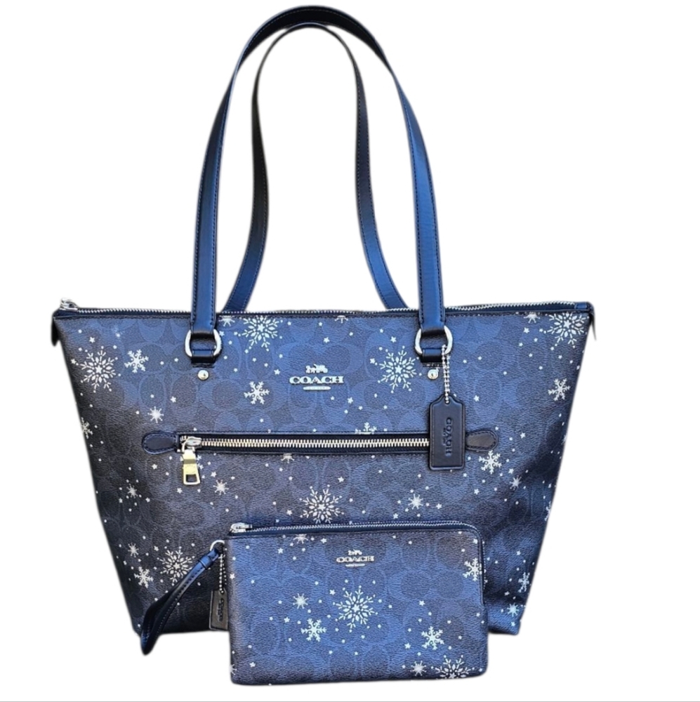 Coach Blue Snowflake Tote Bag & Wristlet